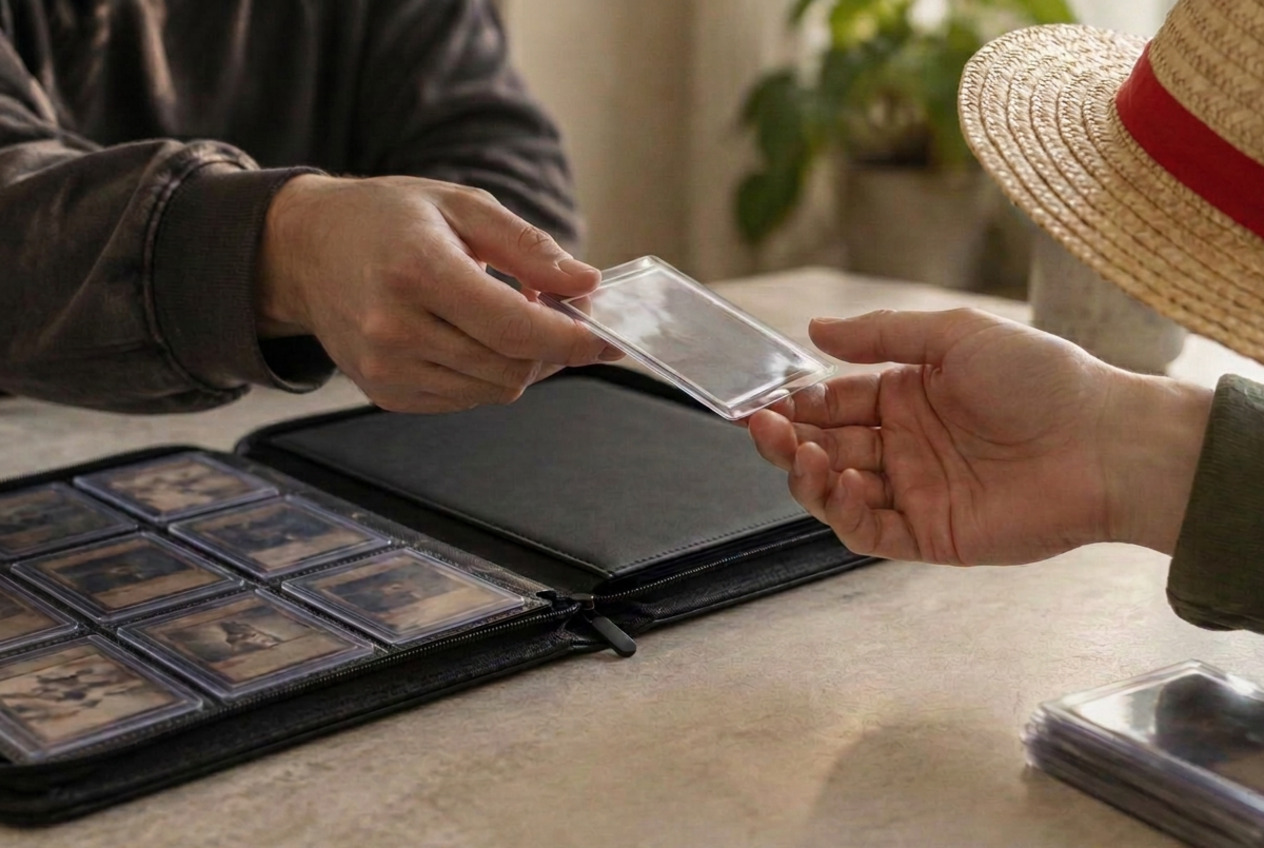 Two collectors comparing binders across a trading table