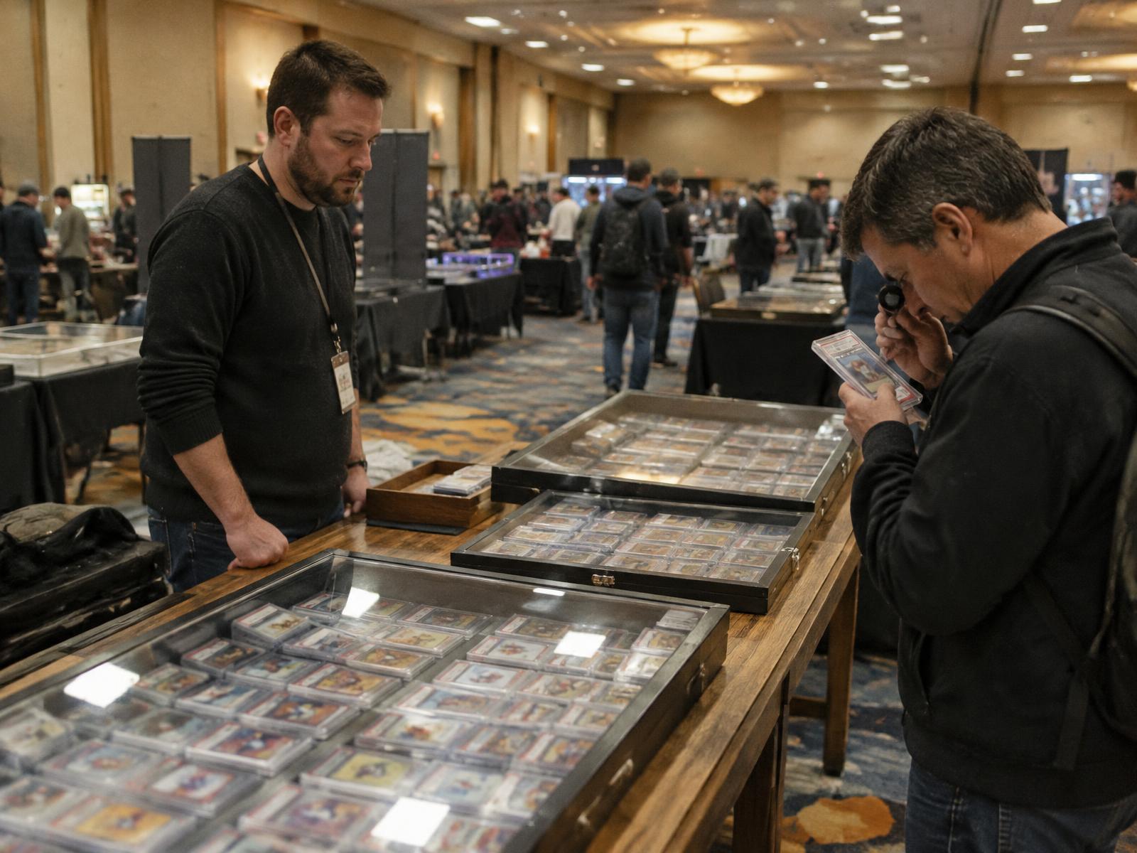 Collectors browsing curated vendor tables in a busy hall